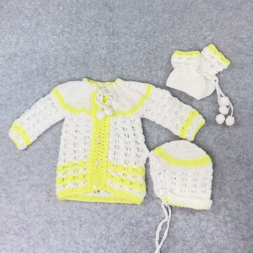 Vintage Handmade Yellow White Knit Baby Set Outfit Dress  Booties Bonnet Doll - Picture 2 of 14